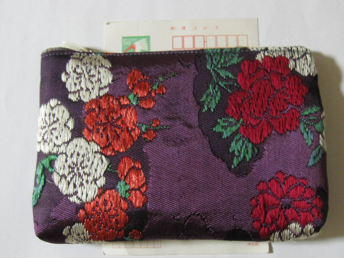  handmade kimono remake large pouch purple rose chrysanthemum pattern embroidery . old cloth obi retro hand made small articles charger glasses purse man and woman use wide width purple 