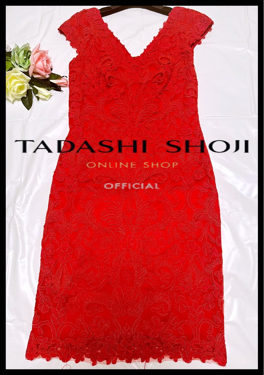 極美品 TADASHI SHOJI ワンピース 「4」９号程度 赤花柄 ドレス 即日
