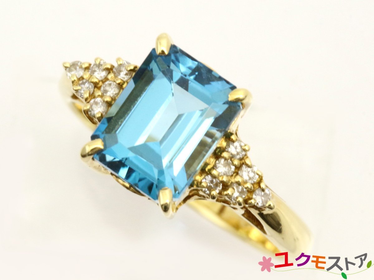 【送料無料】K18 天然 ブルートパーズ 3.39ct ダイヤモンド 0.12ct リング イエローゴールド 18金 13号 ソーティング付 中央宝石研究所_画像1