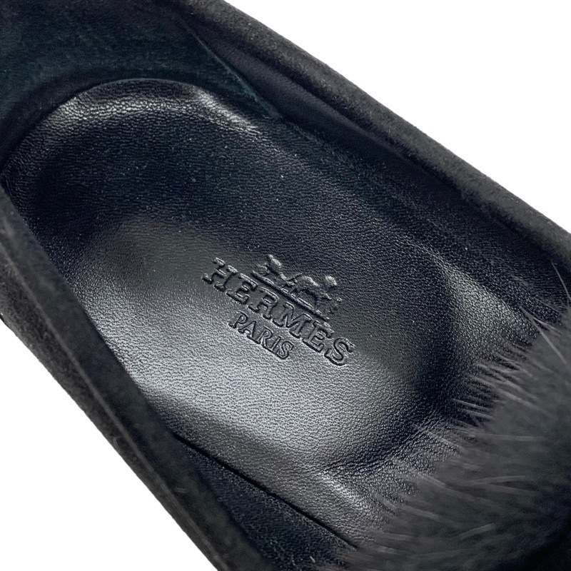  Hermes HERMES Париж Loafer кожа обувь обувь обувь замша мех черный чёрный серебряный мокасины H металлические принадлежности 