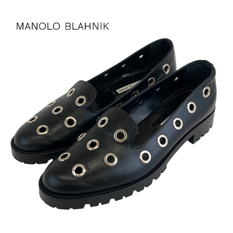 マノロブラニク MANOLO BLAHNIK ローファー 革靴 フラットシューズ DRATT ホール レザー ブラック