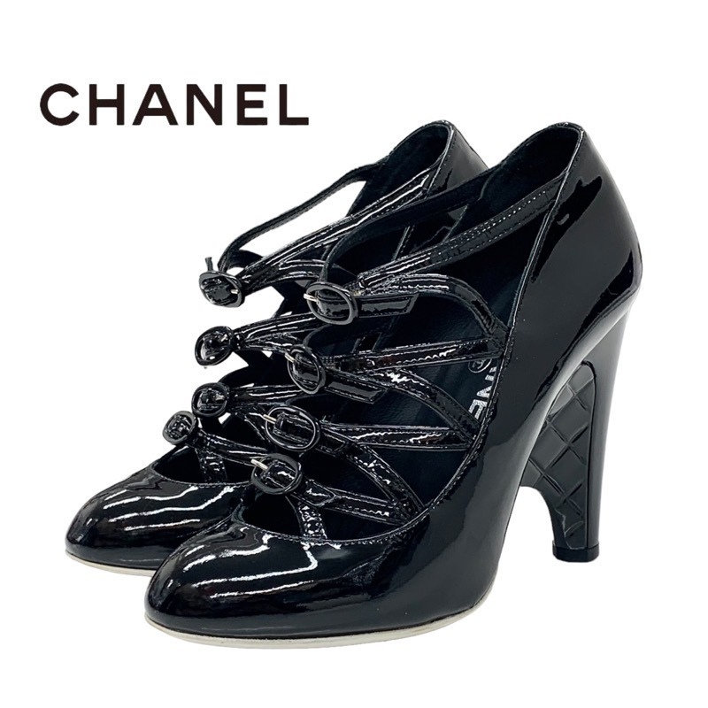 シャネル CHANEL パンプス ストラップベルト パテント ブラック