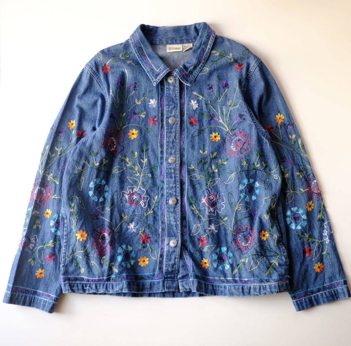 【1990s】ビンテージ　刺繍　デニムジャケット 総柄　レアデザイン　古着　アート　ハンドメイド