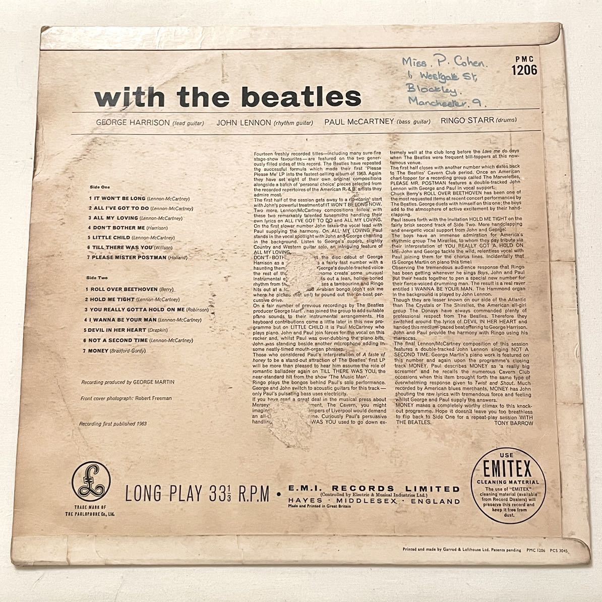 2nd Press 2桁スタンパー マト-3N/-3N WITH THE BEATLES UKオリジナル盤 MONO LP PARLOPHONE PMC1206 ザ・ビートルズ レコード_画像2