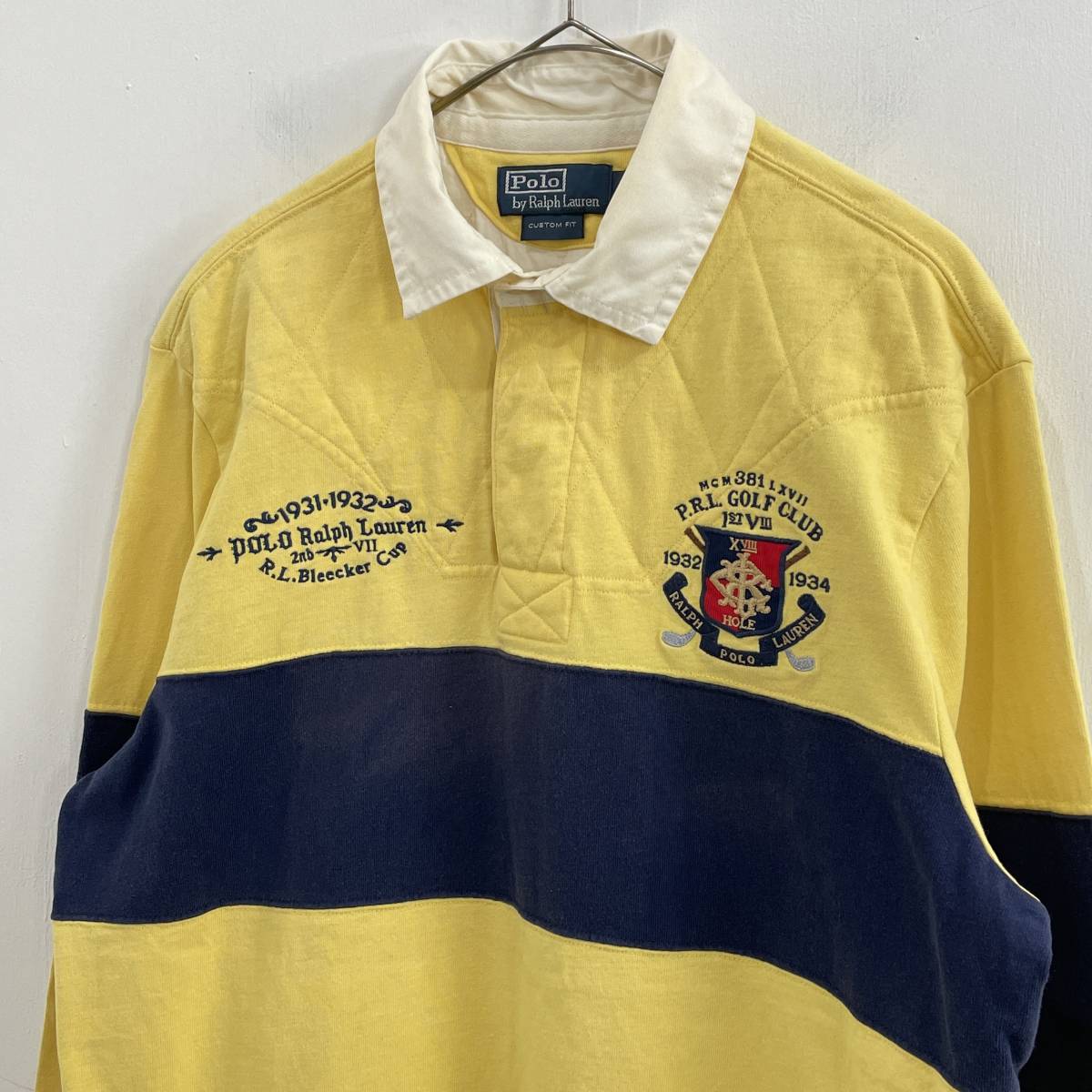 ☆Polo by Ralph Lauren ポロ ラルフローレン 90s VINTAGE ゴルフクラブ 長袖ポロシャツ ラガーシャツ 黄×紺 sizeL【送料一律/同梱可能】C_画像2