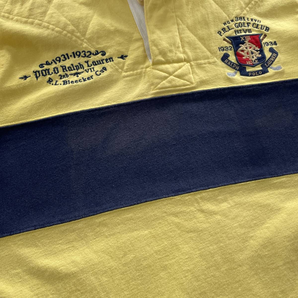 ☆Polo by Ralph Lauren ポロ ラルフローレン 90s VINTAGE ゴルフクラブ 長袖ポロシャツ ラガーシャツ 黄×紺 sizeL【送料一律/同梱可能】C_胸元の紺色部分に変色があります