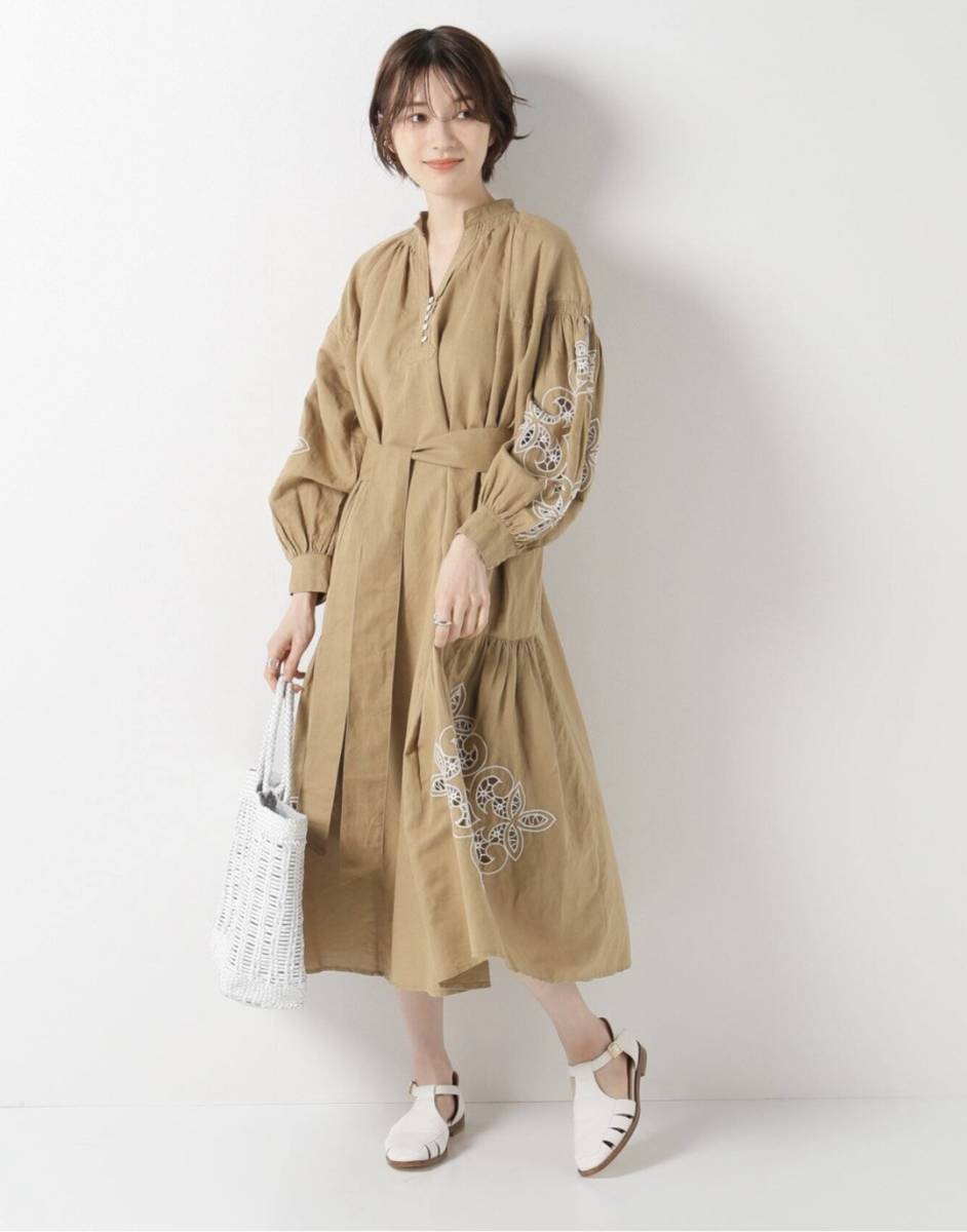 USED☆I(lǐng)ENA/イエナ【KALANCHOE/カランコエ】リネン混カットワークワンピース☆ベージュ