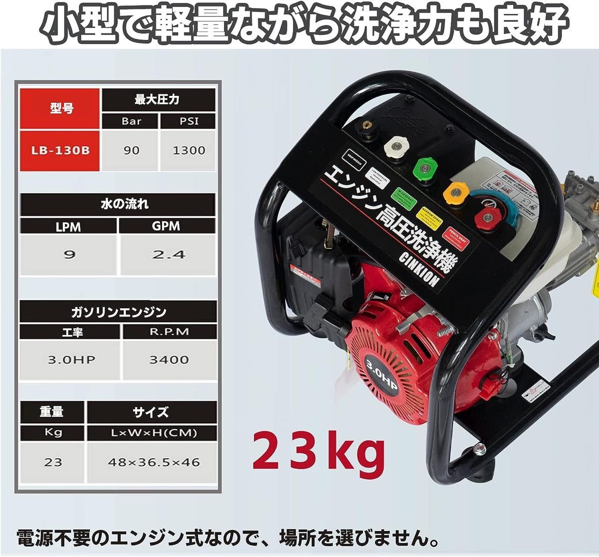 エンジン高圧洗浄機 13Mpa 電源不要 5つの噴射パターン 自給 水道直結 ホース付き 高圧 洗浄機 家庭用