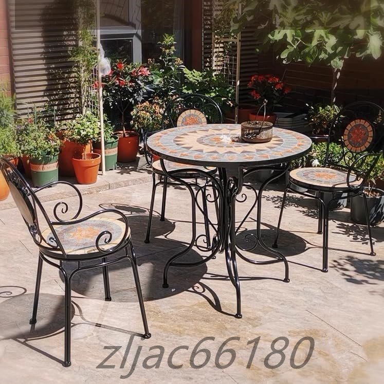 ガーデンテーブル テーブルとイス2脚 セット タイル 丸型 庭 テラス ベランダ アウトドア 雨ざらし おしゃれ アイアン_画像6