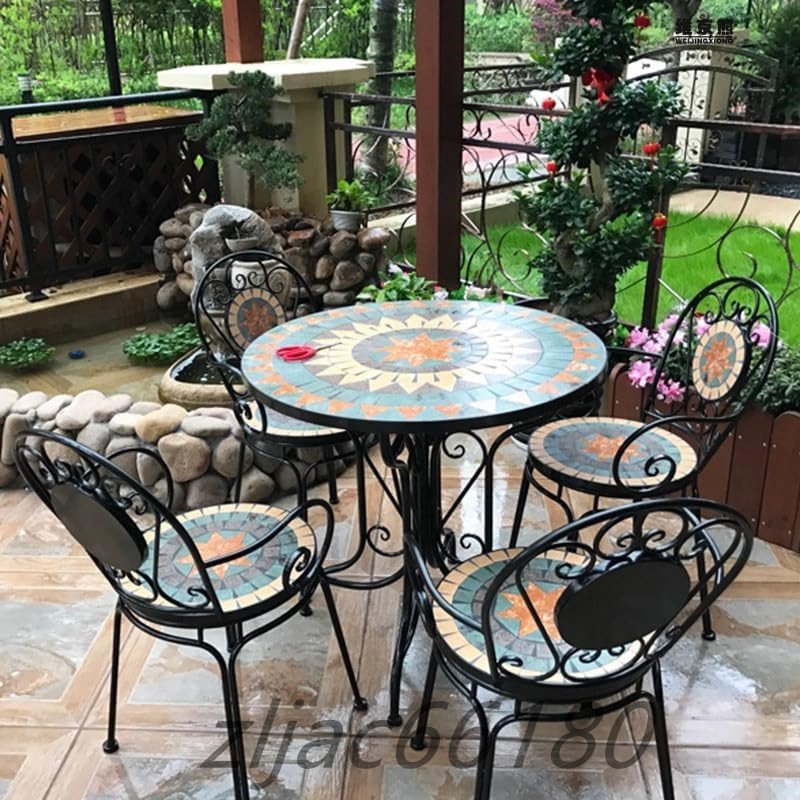 ガーデンテーブル テーブルとイス2脚 セット タイル 丸型 庭 テラス ベランダ アウトドア 雨ざらし おしゃれ アイアン_画像5