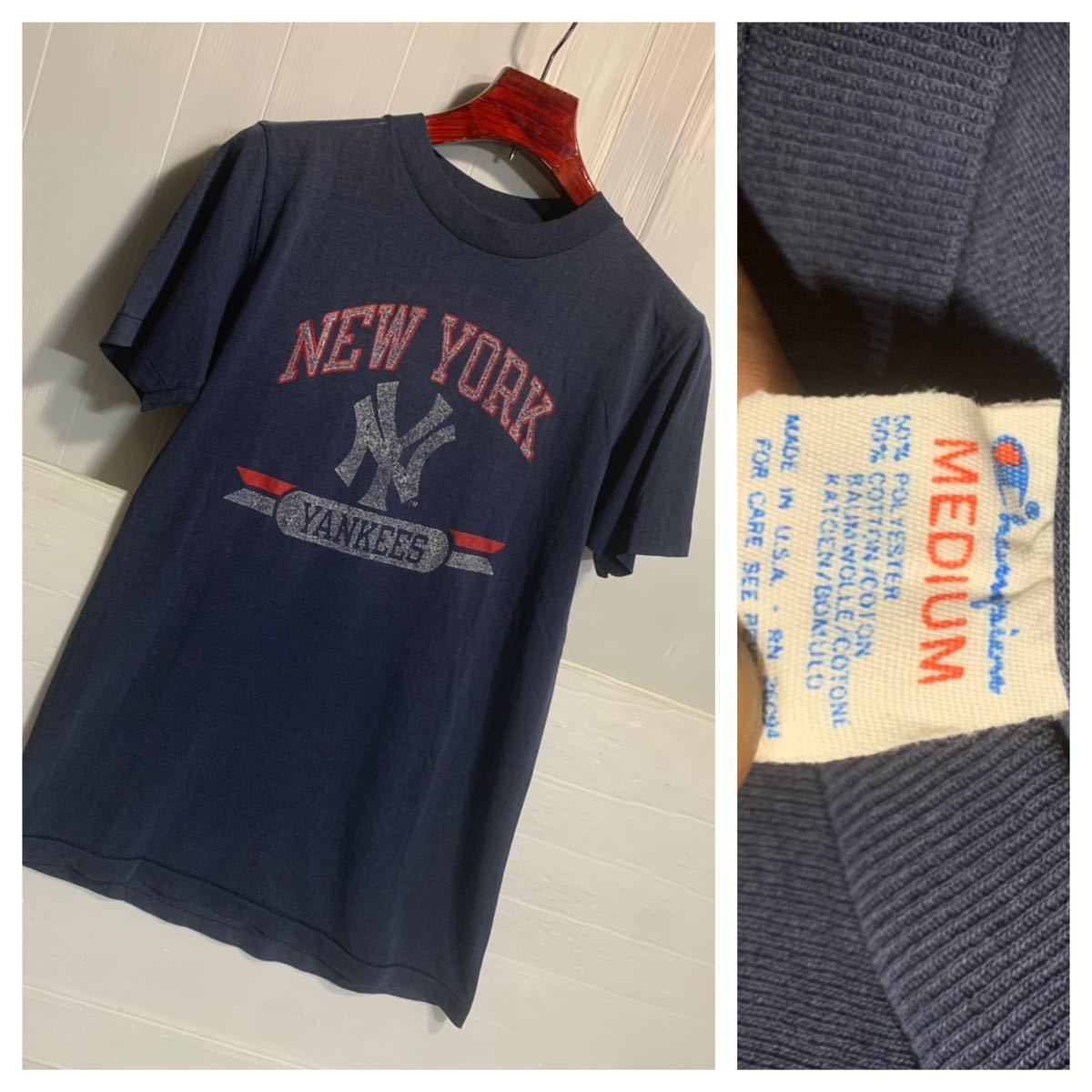 80's ヴィンテージ CHAMPION チャンピオン チャンピヨン　USA製　トリコタグ　ニューヨークヤンキース　Tシャツ　紺　M ネイビー