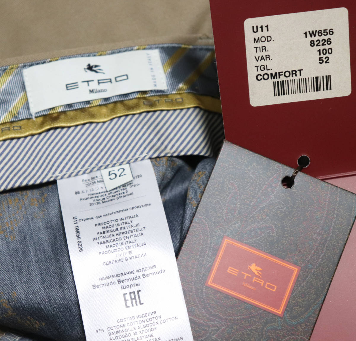 46,200円新品タグ付き【ETRO エトロ】コットン無地 ノータック ショートパンツ 52(W92) 大きいサイズ v3252