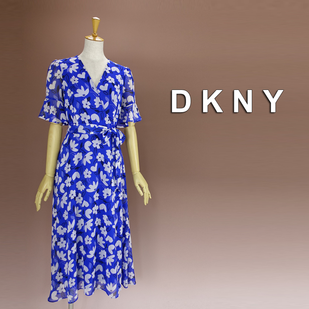 新品 DKNY 4/9号 ダナキャラン 青 白 花柄 シフォン ワンピース パーティドレス 半袖 結婚式 二次会 披露宴 フォーマル オフィス 華45Q0201_画像1