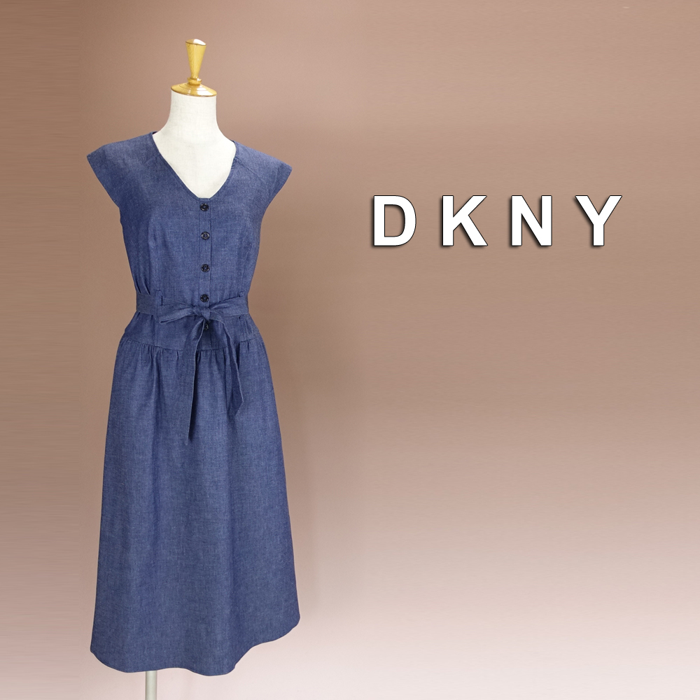 新品 DKNY 4/11号 ダナキャラン 紺 綿 ワンピース パーティドレス コットン 結婚式二次会 披露宴 お呼ばれ 通勤 オフィス 女子会 華41Q0403_画像1