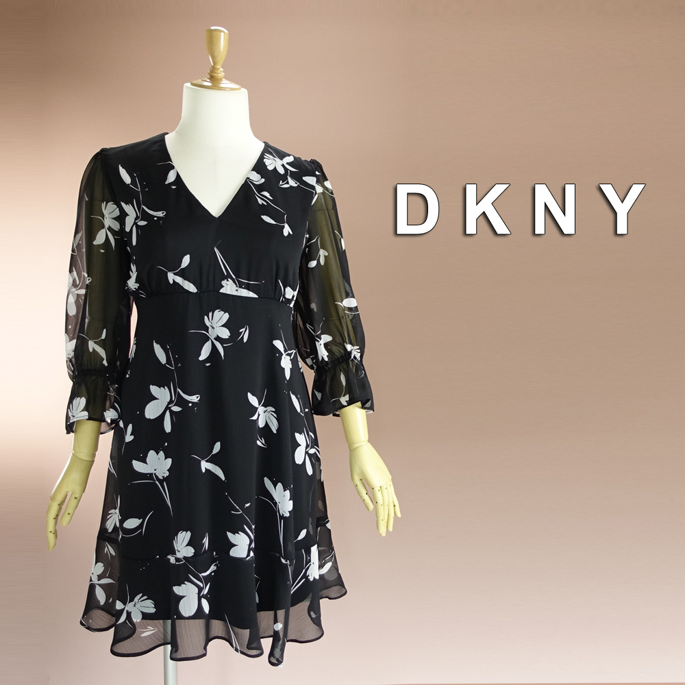 新品 DKNY 16/21号 ダナキャラン 黒 白 花柄 ワンピース パーティドレス 長袖 大きいサイズ 結婚式 二次会 披露宴 フォーマル 葵46Q0702