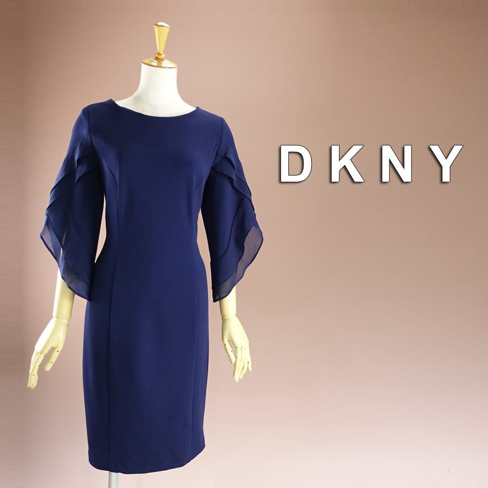 新品 DKNY 6/11号 ダナキャラン 紺 七分袖 シフォン ワンピース パーティドレス 結婚式 二次会 披露宴 発表会 演奏会 フォーマル 華41Q2707_画像1