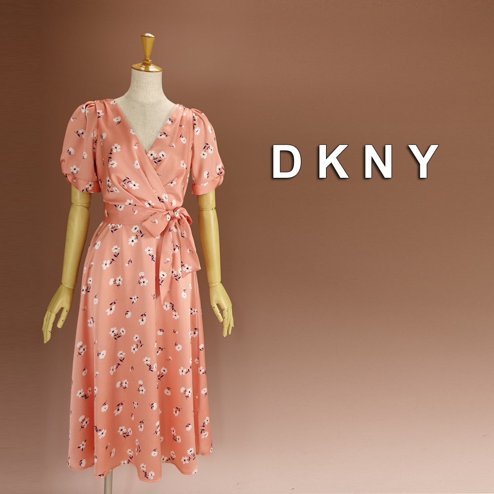 新品 DKNY 2/7号 ダナキャラン ピンク 白 黒 花柄 ワンピース パーティドレス 半袖 結婚式 二次会 披露宴 フォーマル お呼ばれ 慶39Q2806