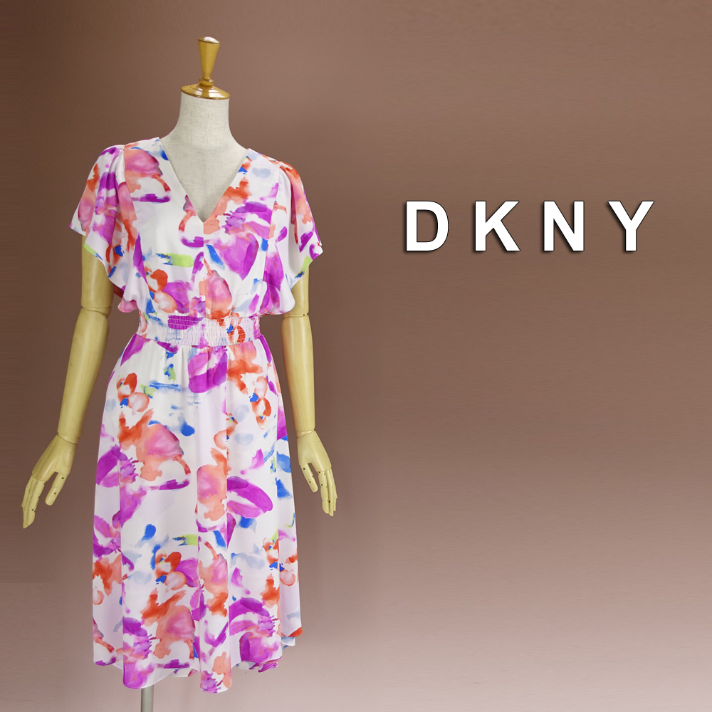 新品 DKNY 6P/11号 ダナキャラン 白 紫 赤 花柄 ワンピース パーティドレス 半袖 結婚式 二次会 披露宴 フォーマル お呼ばれ 華35Q2901