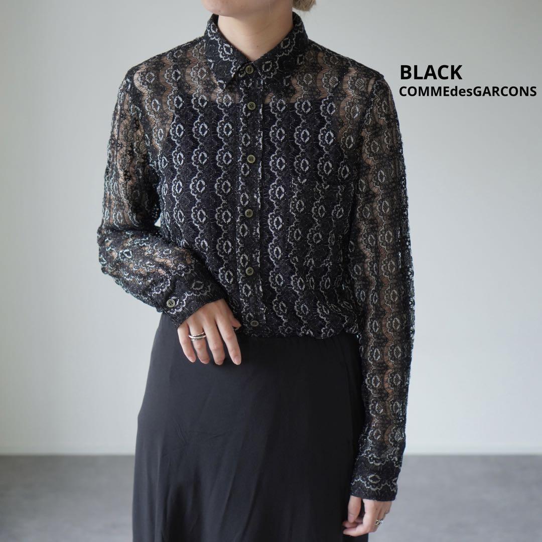 極美品BLACKCOMMEdesGARCONS シアーシャツ 総柄 ラッセルレース レトロ レギュラーカラー セットイン シャツブラウス スタンダードカラー