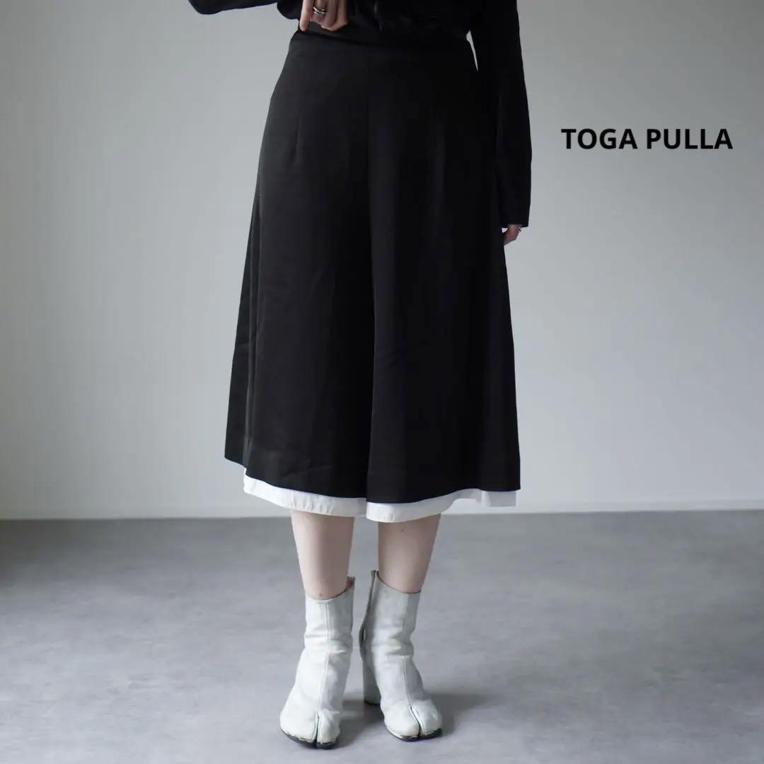 美品 TOGA PULLA ガウチョパンツ スカーチョ バイカラー モノトーン キュプラ ブラック ひざ丈 スカート_画像1