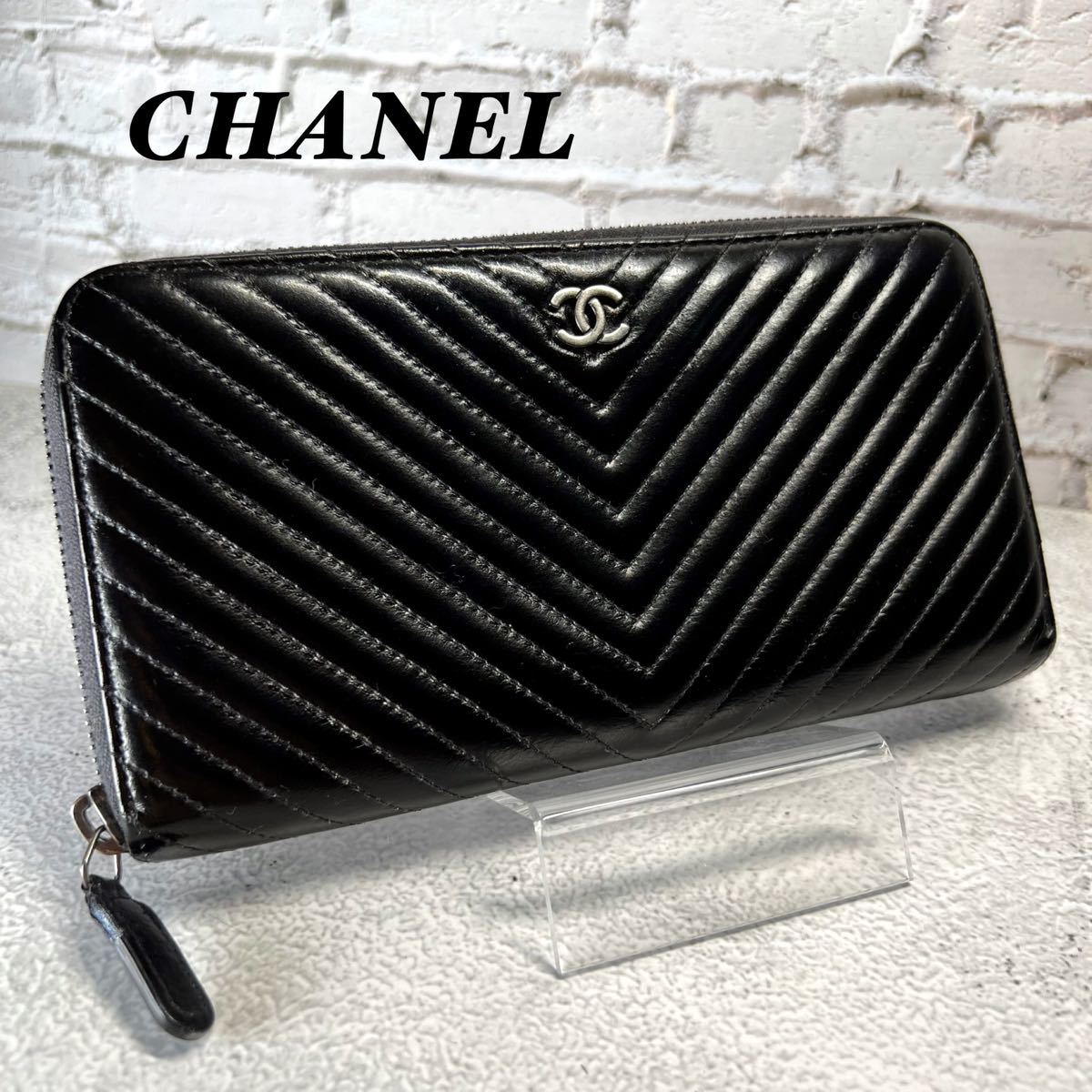 CHANEL シャネル 長財布 ラウンドジップ Vステッチ ブラック シルバー_画像1