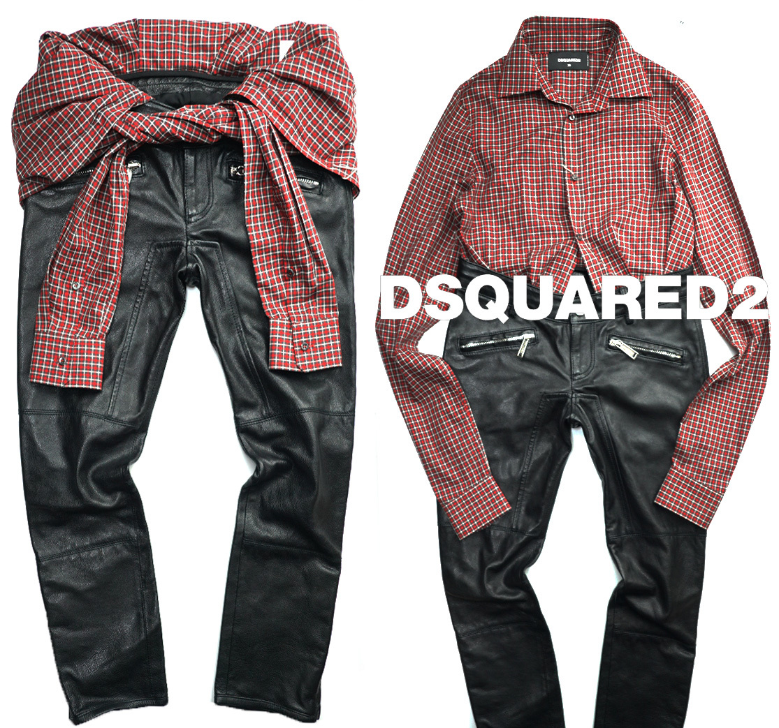 新品21万【DSQUARED2 ディースクエアード】17SS/伊製/クロップドシルエット/脱着シャツ付バイカーレザーパンツ38/76-78cm相当/Ｄ