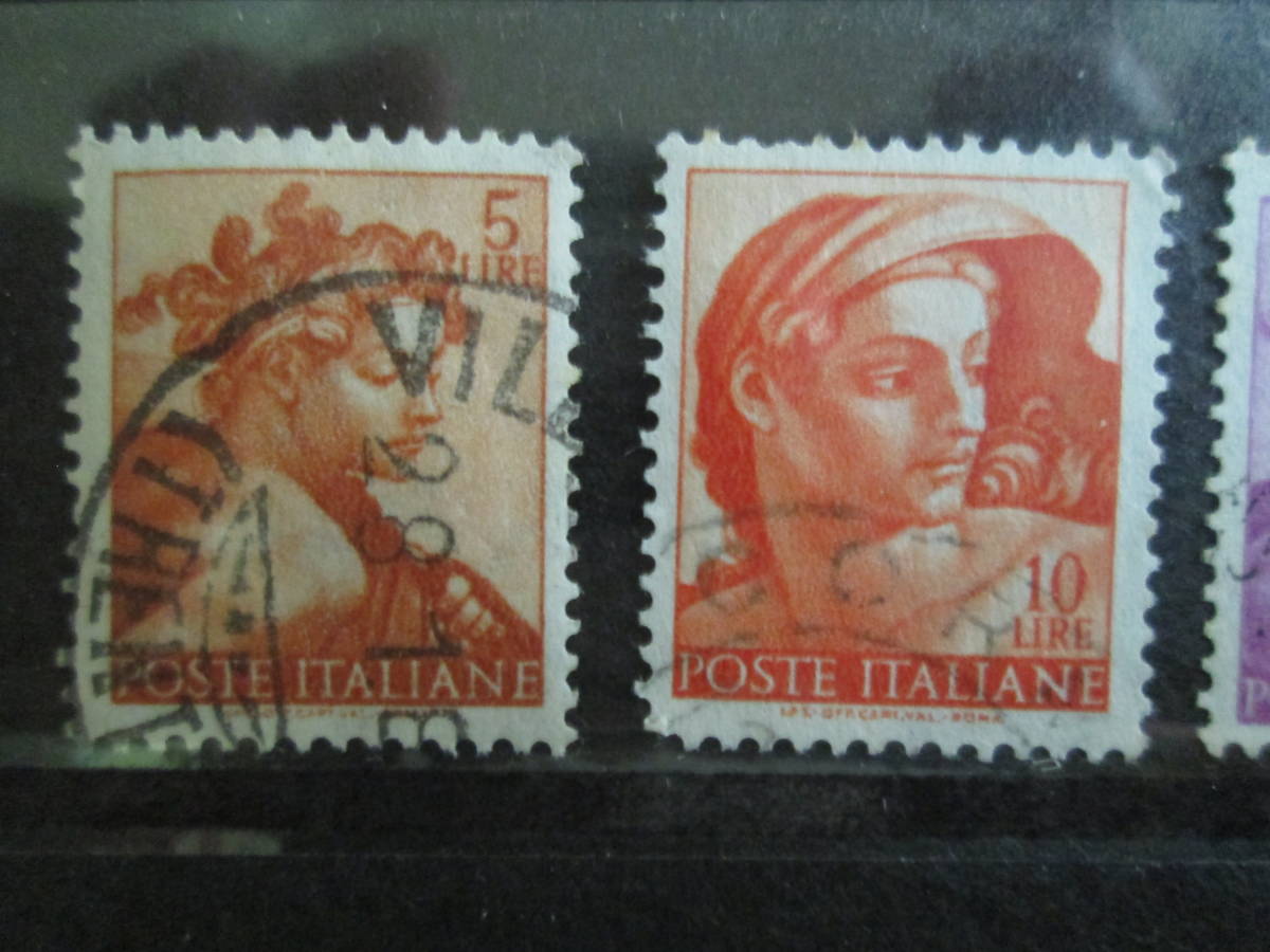 カラフルなイタリアの使用済切手　1961年 システィーナ礼拝堂のミケランジェロの作品　5～100Ｌ：イザヤなど予言者達の肖像、 10種_画像2