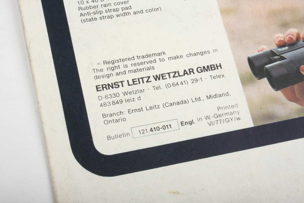 * Leitzlaitsucatalog каталог TRINOVID Binocularstolino bit бинокль printed in W-Germany 121.410-011 VI-77-GY-w. 4661