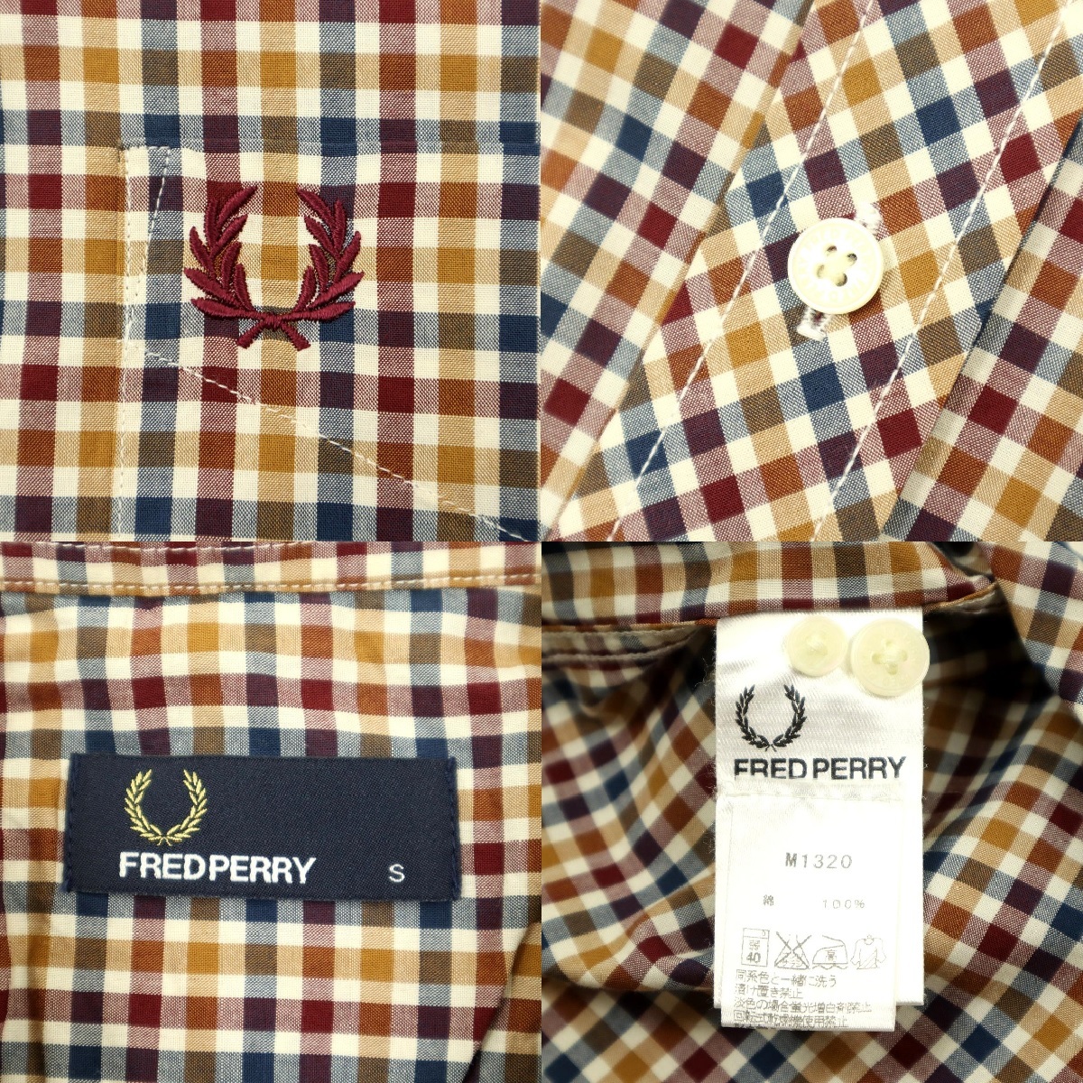 [B2427][ as good as new ]FRED PERRY Fred Perry long sleeve shirt button down shirt silver chewing gum check M1320 size M