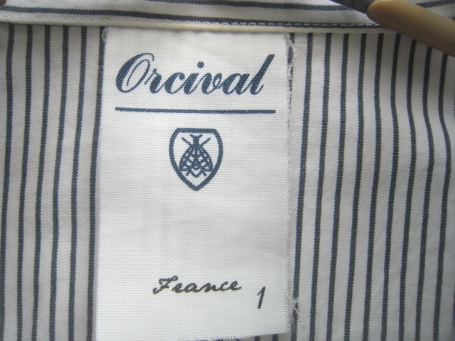 高級日本製!!オーシバル ORCIVAL*ロゴワッペン付き 丸襟 ストライプ柄シャツ 1 実寸S 白×グレー オーチバル B-SHOP購入_画像4