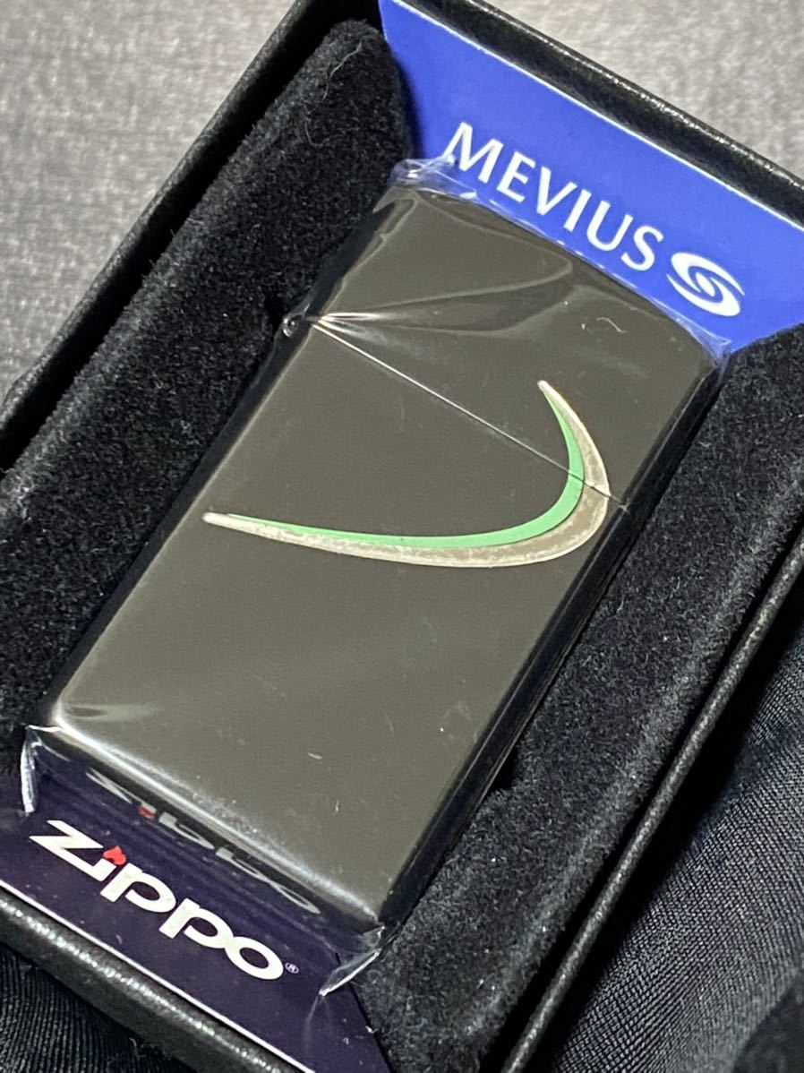 zippo メビウス アーマー 2面刻印 限定品 グリーン スリム 希少モデル 2019年製 MEVIUS シルバーインナー 2019年製 ケース  保証書付き