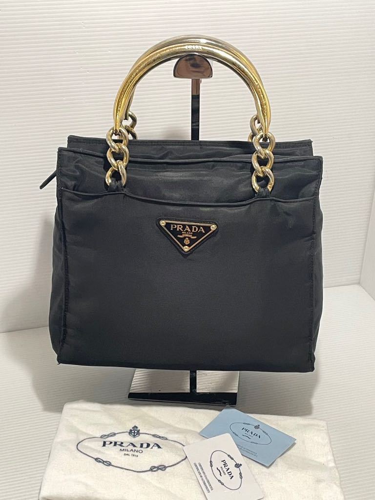 ◇美品◇PRADA ハンドバッグ ロゴ金具 ギャザー レザー ブラック-