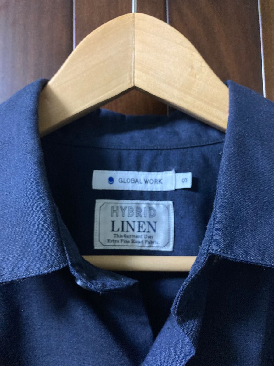 美品 GLOBAL WORK グローバルワーク ハイブリッドリネン 半袖 シャツ ネイビー メンズSサイズ