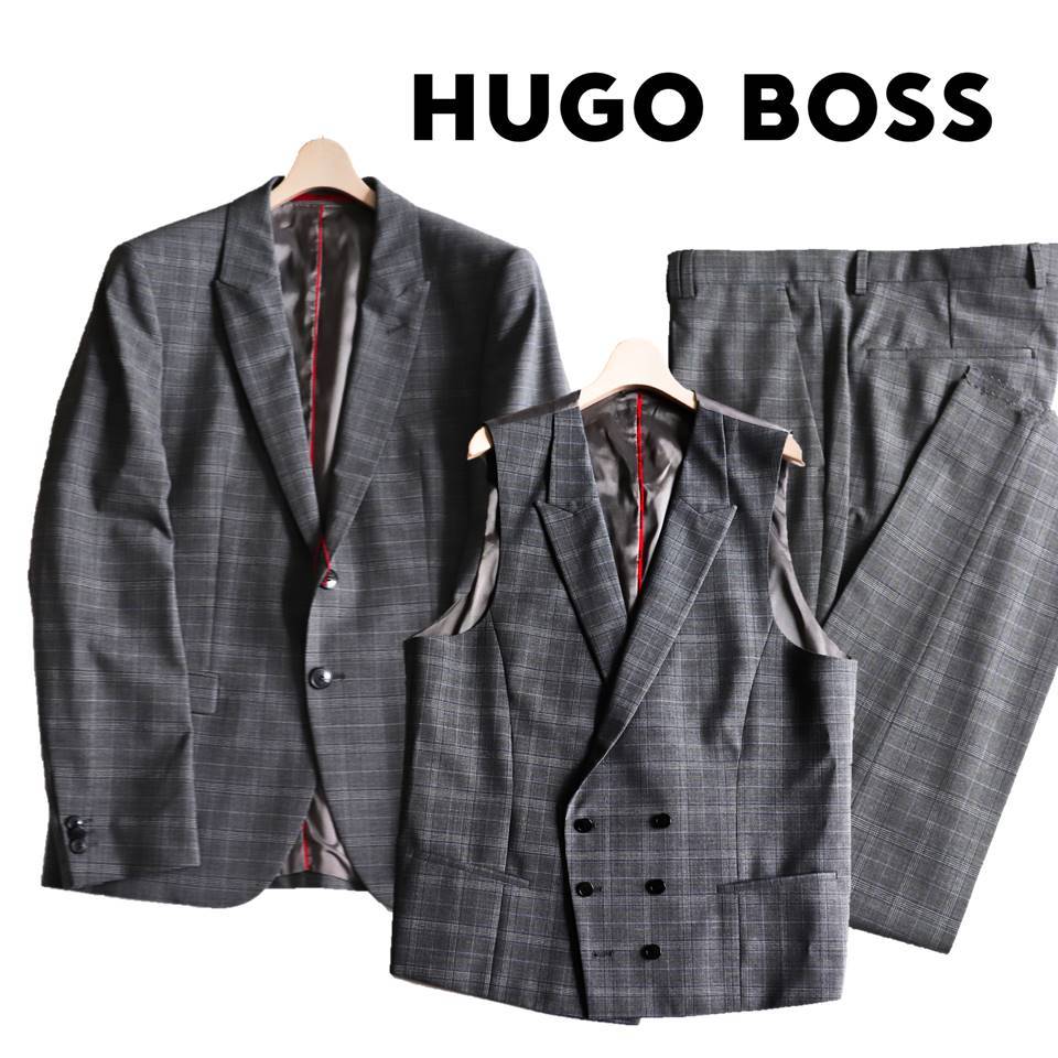 《HUGO BOSS ヒューゴ ボス》新品 グレンチェック ウール スリーピース3Bスーツ セットアップ ジレ 48(W88)A8656