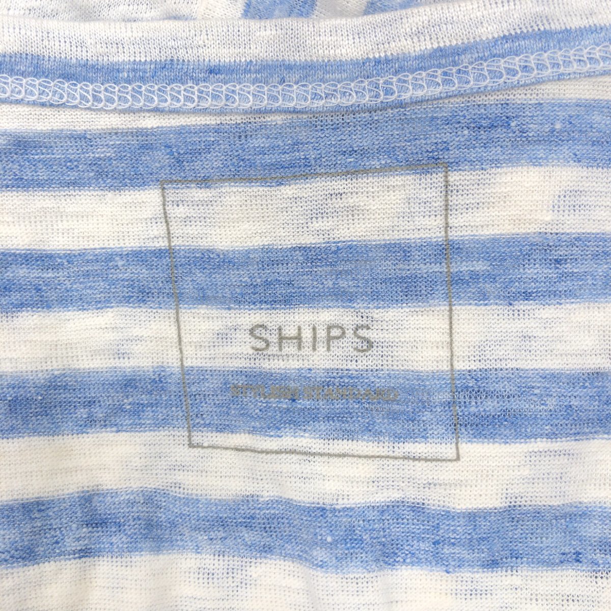 SHIPS シップス 麻 リネン100% ボーダー カットソー M相当 白×青 ホワイト ブルー 日本製 半袖 Tシャツ ポケT 国内正規品 レディースの画像3