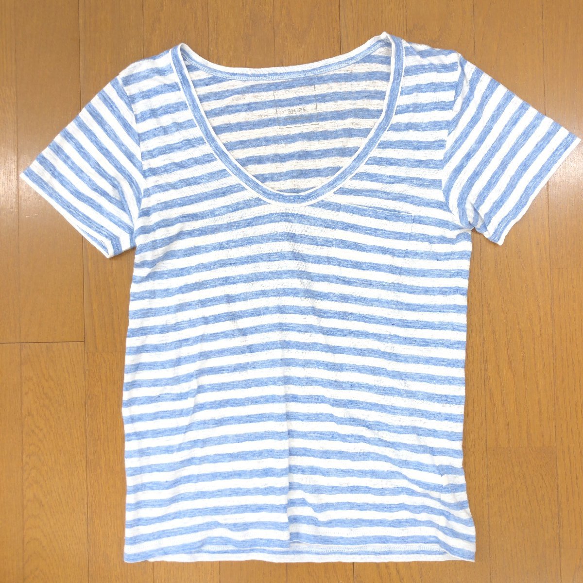 SHIPS シップス 麻 リネン100% ボーダー カットソー M相当 白×青 ホワイト ブルー 日本製 半袖 Tシャツ ポケT 国内正規品 レディースの画像1