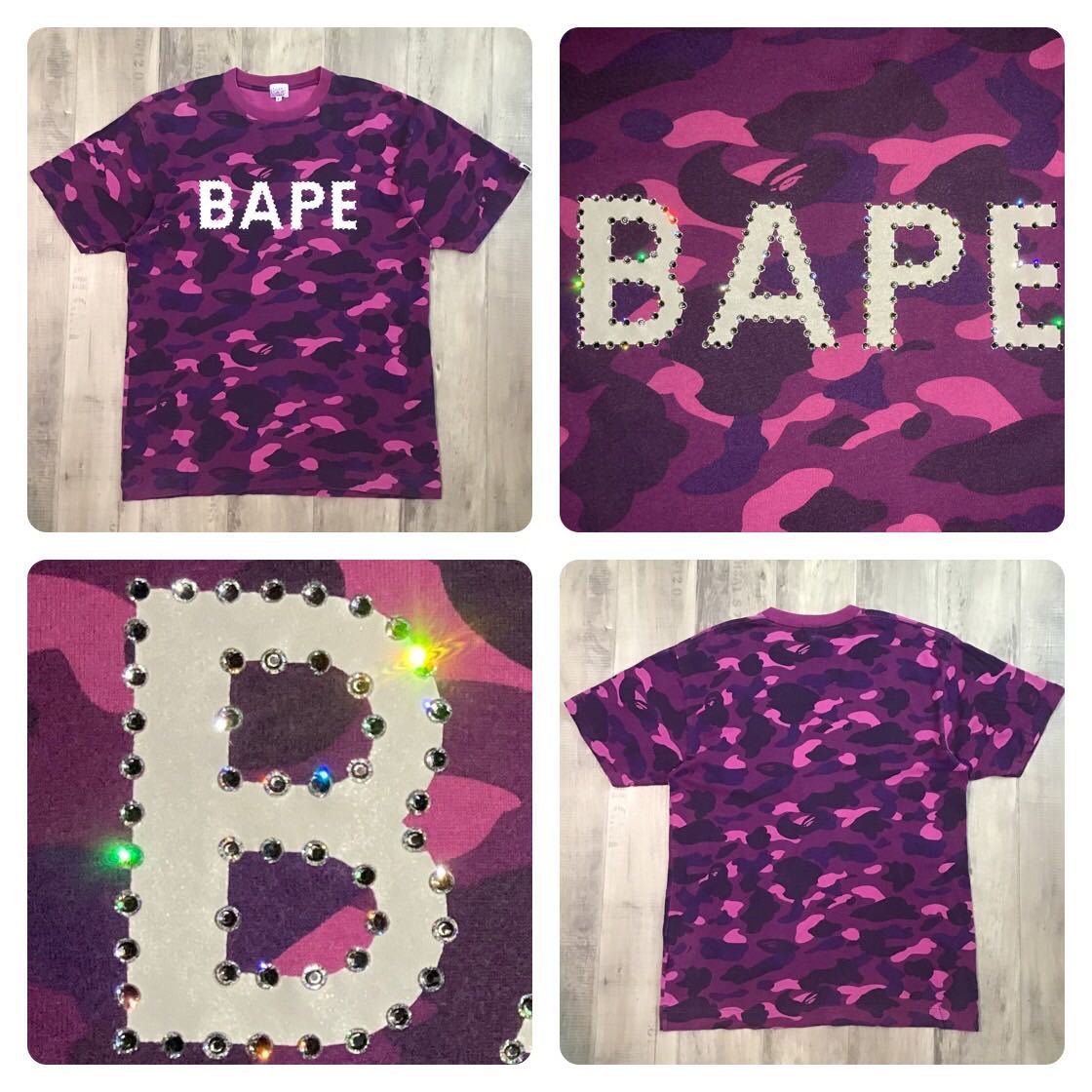 スワロフスキー BAPE logo Tシャツ Lサイズ Purple camo a bathing ape swarovski ラインストーン エイプ ベイプ アベイシングエイプ w506_画像1