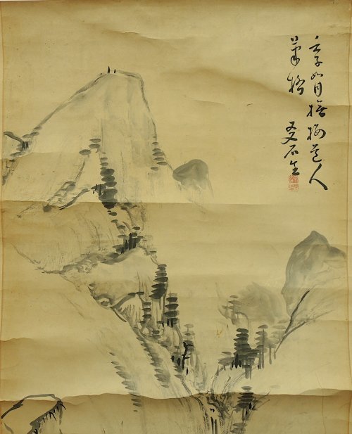 爻石 山水画 交石 掛け軸　紙に墨彩色　山水　水墨画　Japanese hanging scroll　中古_画像5