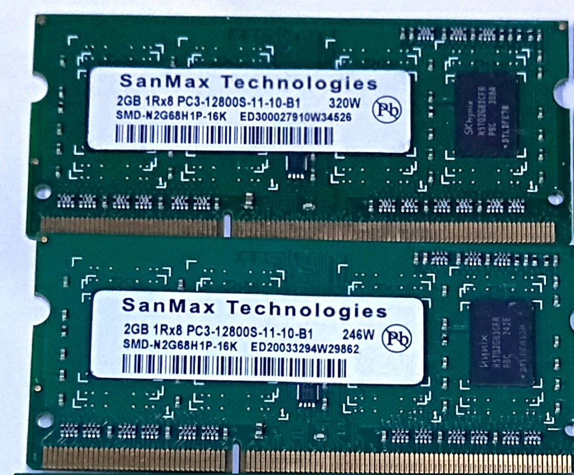 【中古パーツ】PC3 ノートパソコン用 DDR3 メモリ SanMaxTechnologies 2GB 1RX8 PC3-12800S-11-10-B1 2GBx2枚 計4GB　送料無料■N(221) _画像1