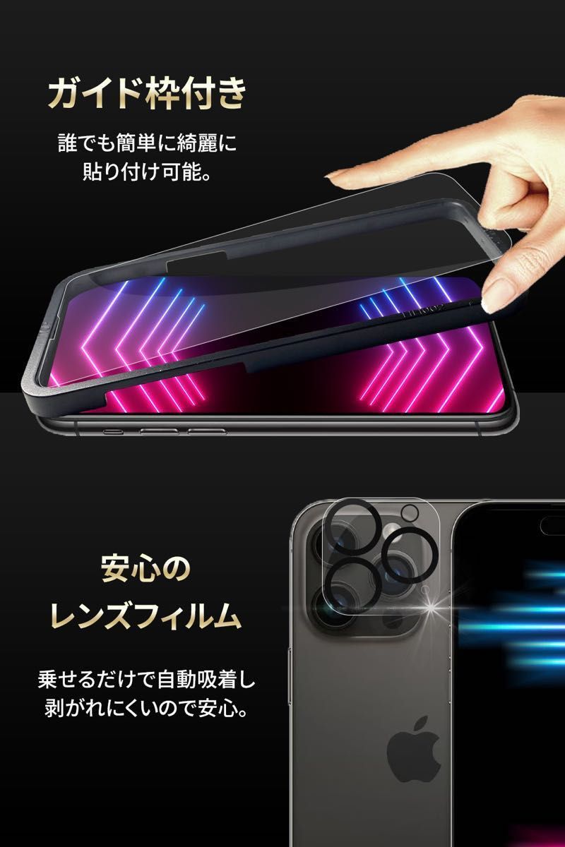 【保証付】【2枚セット】iPhone14Pro用ガラスフィルム ガイド枠付　レンズフィルム付
