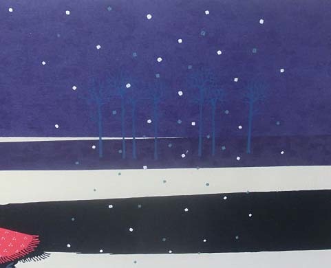 492489 木版画 関口コオ 作 仮題「冬の雪の子と犬」211/235（画家）_画像3