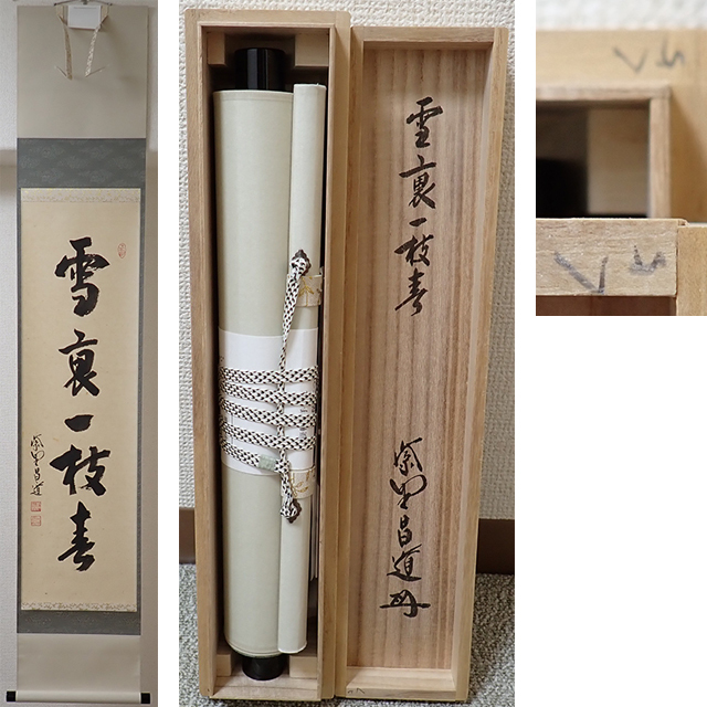 01875 前大徳寺 前田昌道 作 「雪裏一枝春」掛軸（共箱）茶道具（茶掛/紫野）_画像1