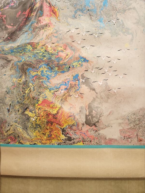 真作 中国書画 呉冠中 七彩白鷺図 肉筆紙本 掛け軸 書画立軸 巻き物 古