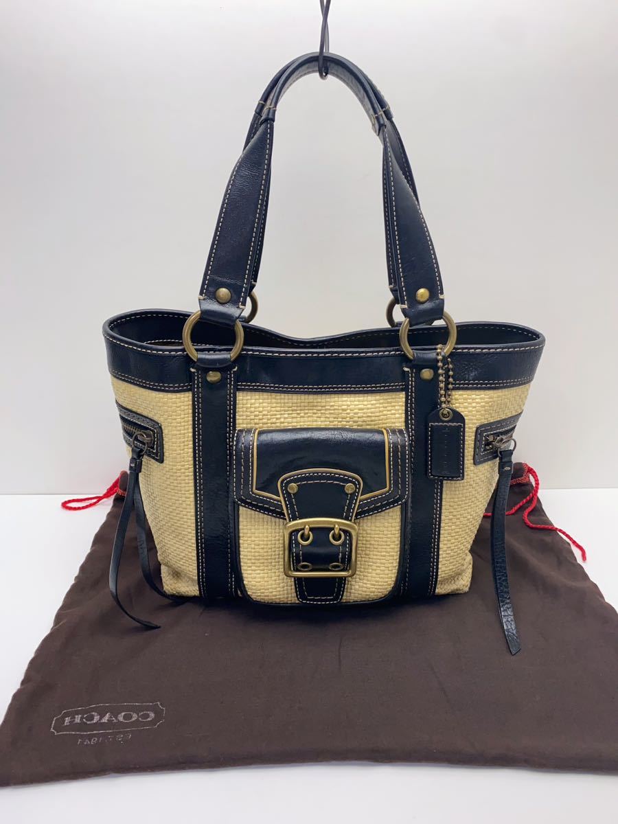 F657 美品 COACH コーチ 麦わら ストロー×本革 トートバッグ かごバッグ 肩掛け