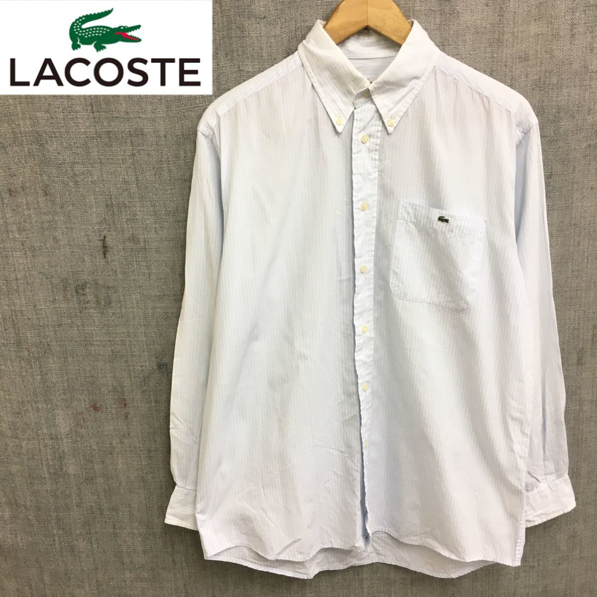 K1550-F-N◆ LACOSTE ラコステ 長袖シャツ ボタンダウン ◆ size3 コットン100 ブルー ストライプ ロゴパッチ 古着 メンズ_画像1