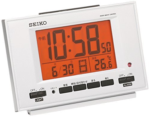 セイコー クロック 目覚まし時計 電波 デジタル 自動点灯 カレンダー 温度 表示 銀色 メタリック SQ780S SEIKO(中古品)　(shin_画像1