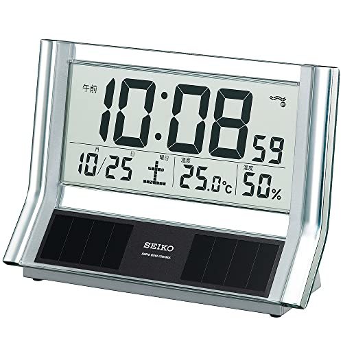 セイコー クロック 置き時計 ハイブリッドソーラー 電波 デジタル カレンダー 温度 湿度 表示 銀色 メタリック S