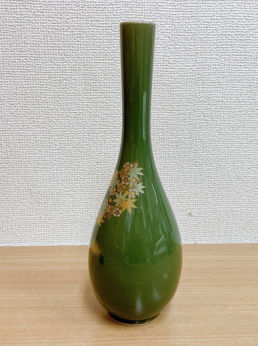 【九谷焼 九谷圓山 作 花瓶】フラワーベース 花器 花入/紅葉 金彩 絵柄/グリーン/箱入り/S59-111_画像3