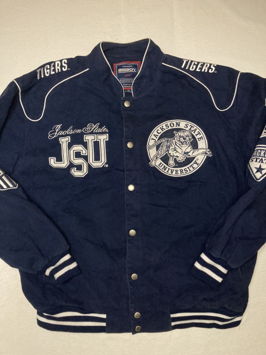 ◆ JACKSON STATE UNIV x BIGBOY ◆ NCAA ジャクソン州立大学 TIGERS タイガース 豪華刺繍 フルデコ スタジャン レーシングジャケット 2XL