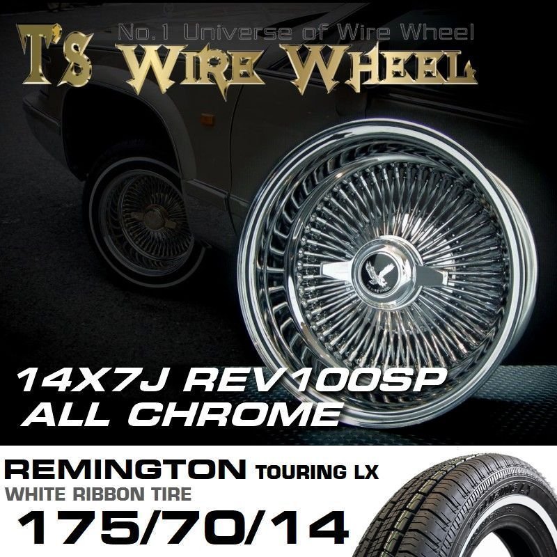 ■ ティスファクトリー T's WIRE ワイヤーホイール 14×7J REV リバース オールクローム 100SP REMINGTON ホワイトリボン タイヤ セット